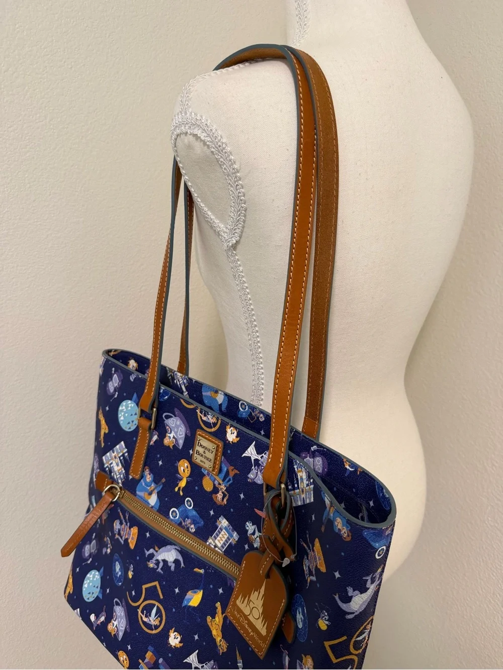 Dooney & Bourke Navy Blue 💙 Disney 50th Anniversary Tote Tan Trim Alice Dumbo